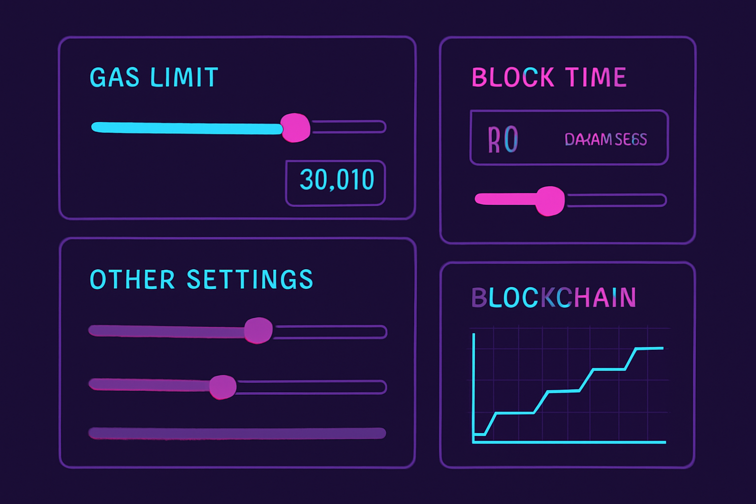 modern dashboard sliders and input fields configuring blockchain parameters like gas limit and block time, clean UI with graphs, cyberpunk aesthetic