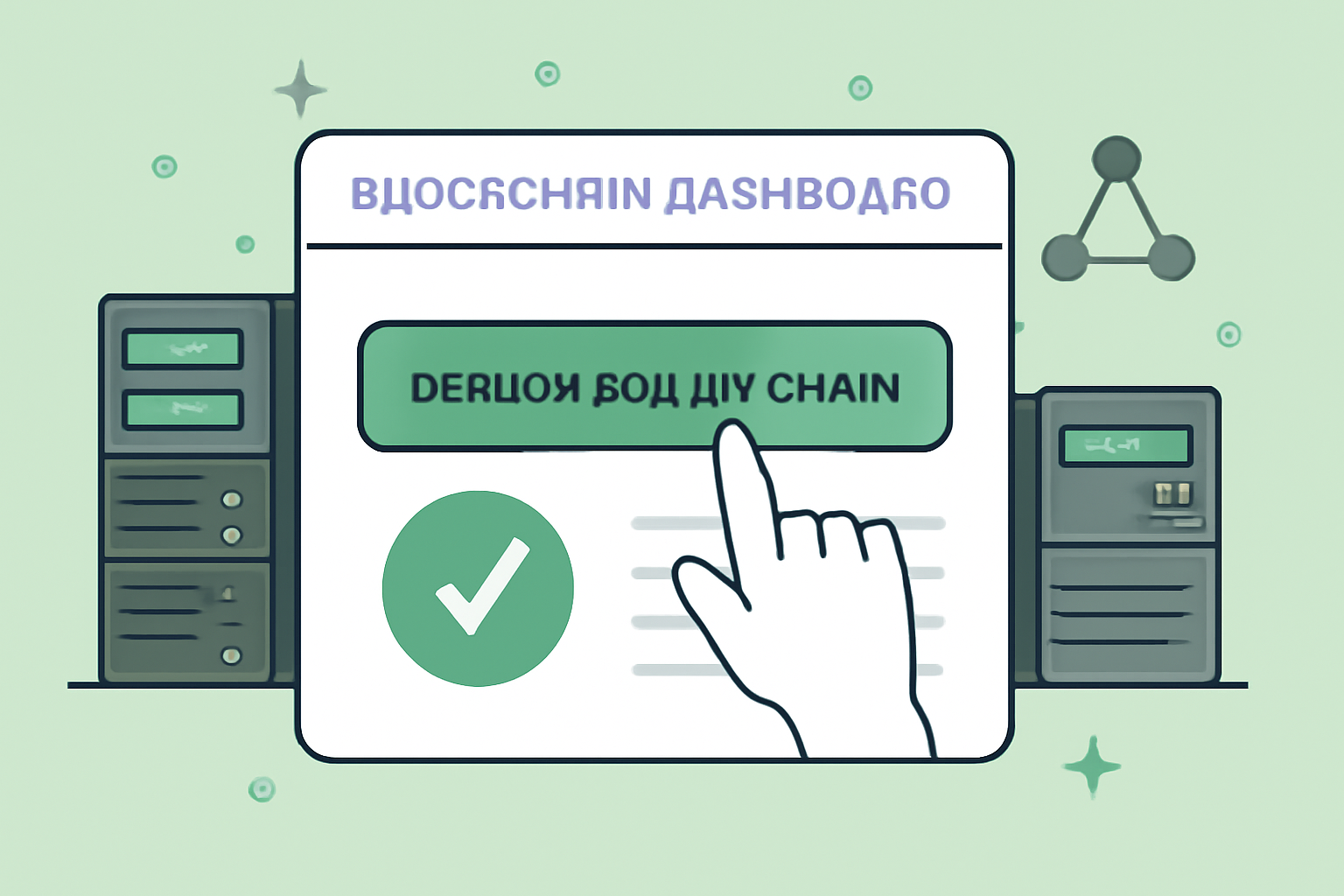 one-click deploy button on blockchain dashboard launching a rollup chain, green success animation, servers and nodes activating in background