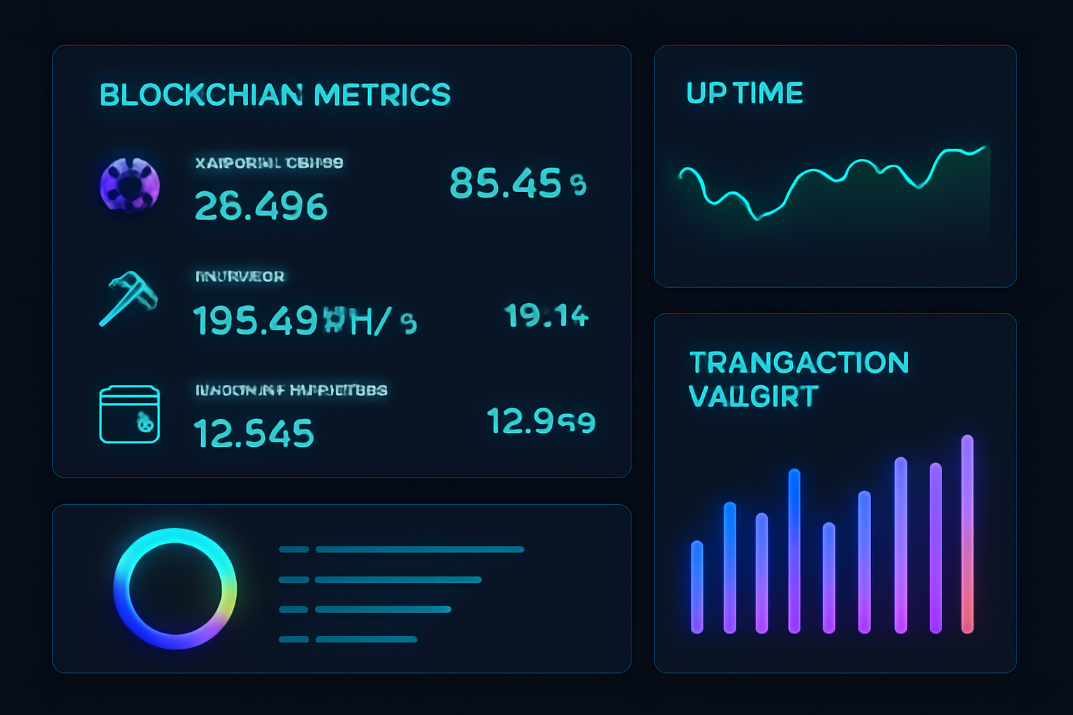 real-time analytics dashboard showing blockchain metrics, uptime graphs, transaction volume charts, glowing data visualizations in dark mode