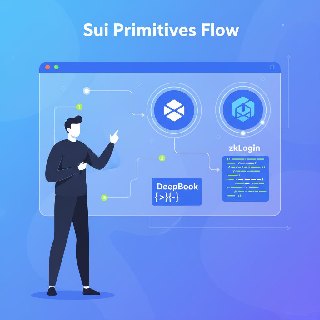 Developer analyzing Sui primitives flowchart, DeepBook and zkLogin icons, code snippets, high-tech interface
