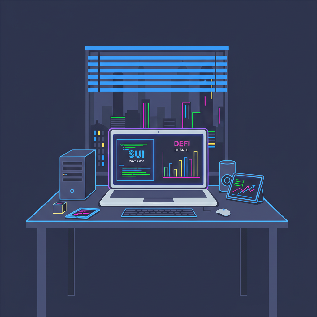 Writing technical whitepaper on laptop, Sui Move code and DeFi charts, professional workspace, neon accents