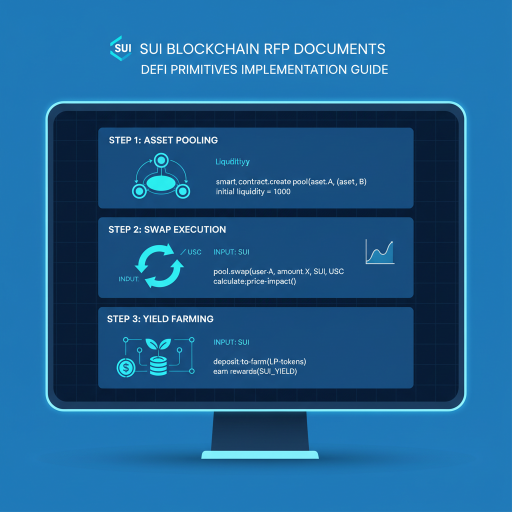 Sui blockchain RFP documents on a digital screen, technical diagrams of DeFi primitives, futuristic blue tones