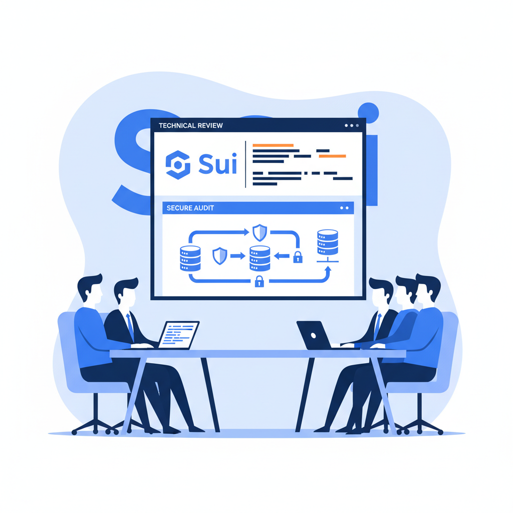 Technical review meeting with auditors, code review screens, Sui logo, secure data flow diagrams