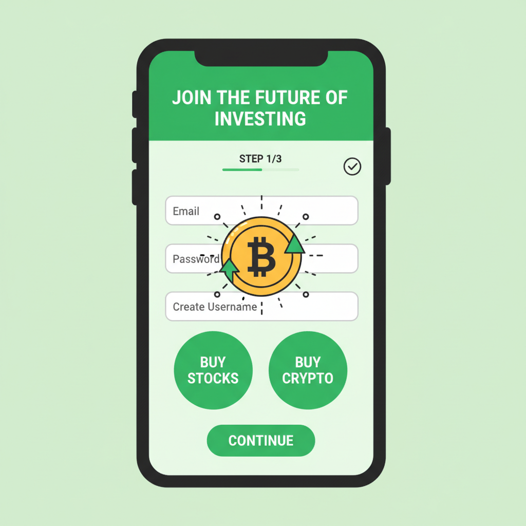 vibrant smartphone screen showing Robinhood or Fidelity app signup, green buy buttons, bitcoin icon, energetic style