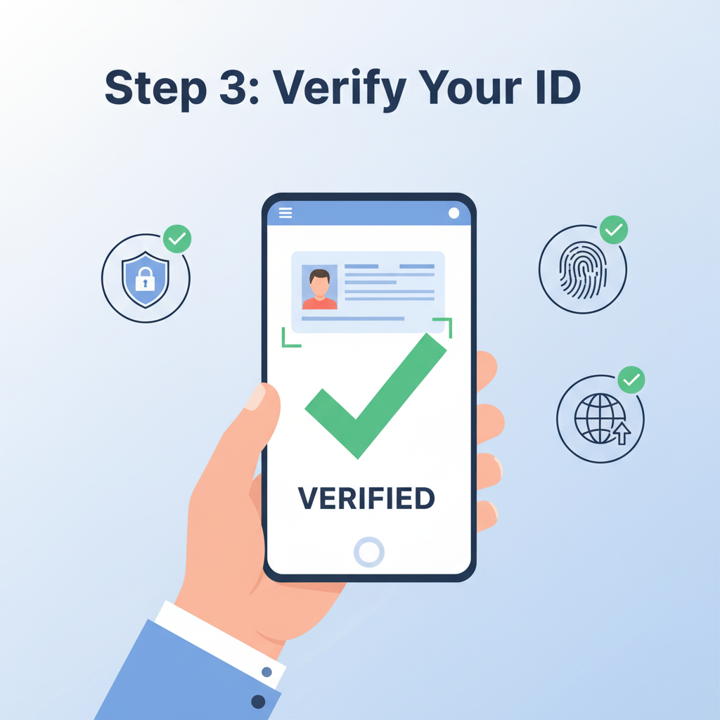 person holding ID to phone camera, verification checkmark, simple modern interface, trust icons