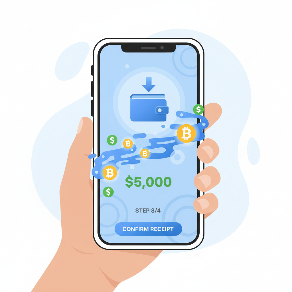 bank transfer screen on mobile app, money flowing in, dollar signs and bitcoin symbols merging