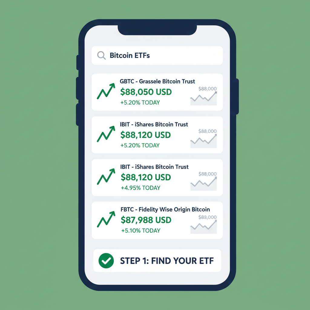 brokerage app search results for Bitcoin ETFs, charts showing $88k BTC price, green arrows up