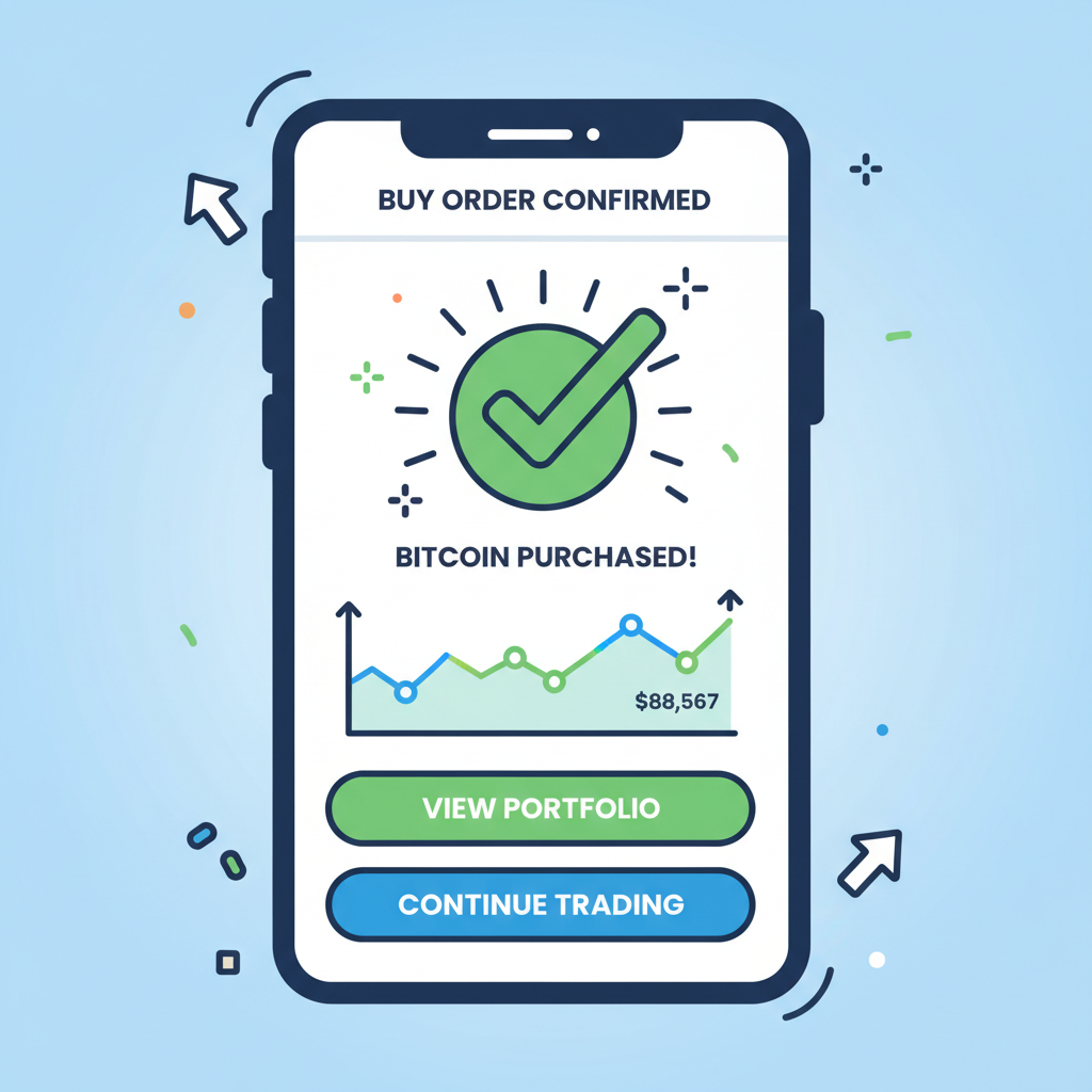 buy order confirmation screen on trading app, bitcoin chart at $88567, success checkmark, excited vibe