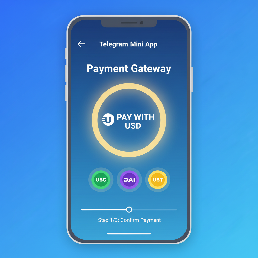 Telegram Mini App screen with glowing USDT payment button, stablecoin icons, mobile view