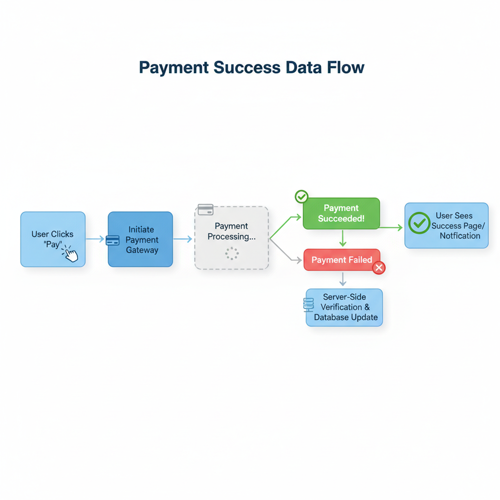Event listener code for payment success, green checkmark notification, data flow diagram