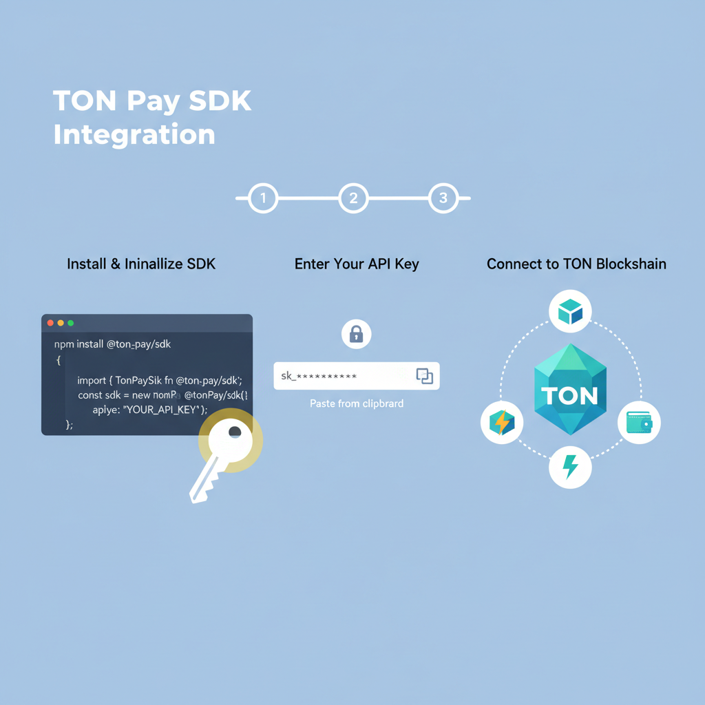 Code snippet initializing TON Pay SDK, API key input, TON blockchain icons