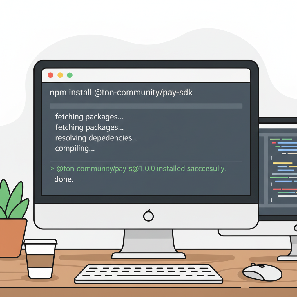 Terminal window installing TON Pay SDK via npm, success message, developer workspace