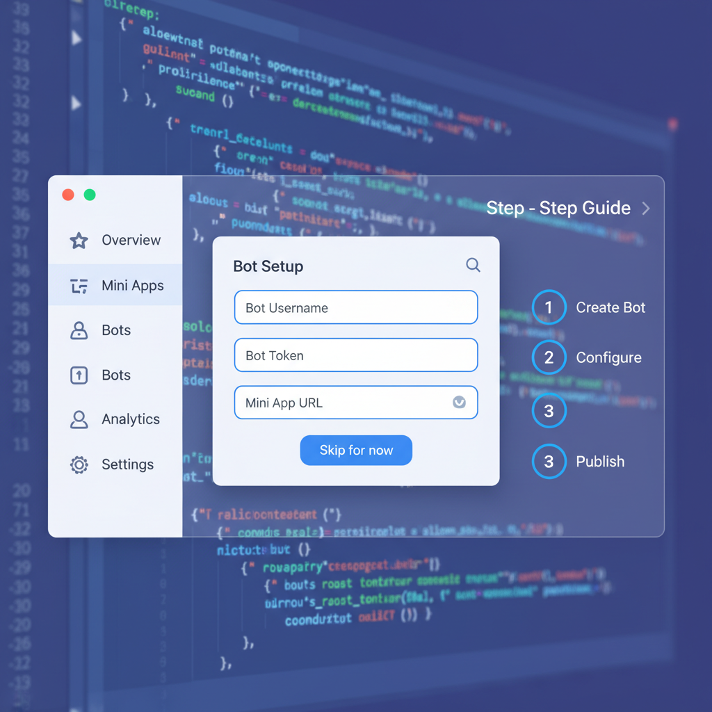 Telegram Mini App development dashboard with bot setup screen, clean UI, code editor background
