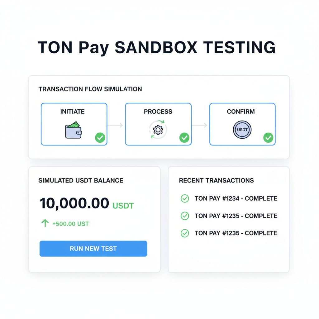 Testing dashboard with sandbox TON Pay transactions, checkmarks, simulated USDT flow