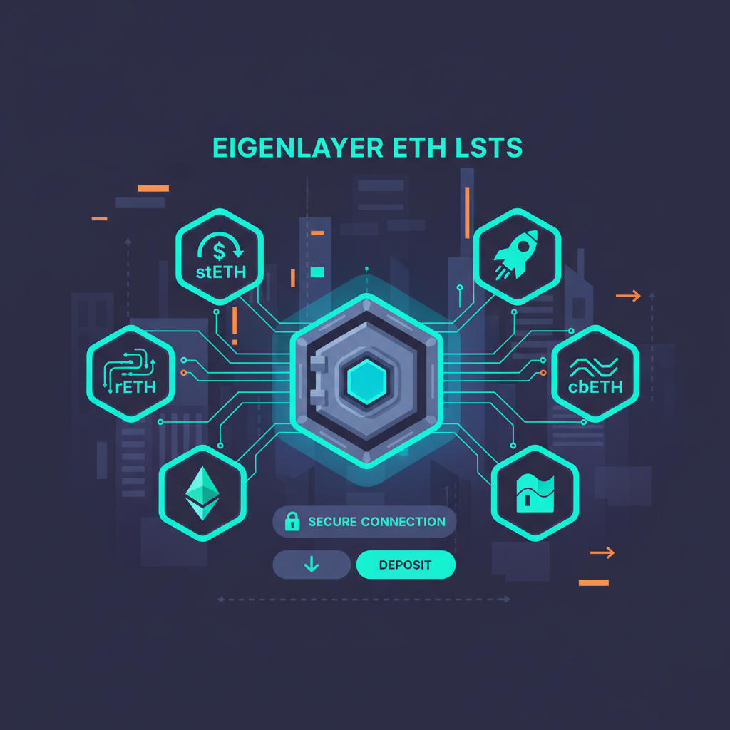 wallet interface connecting to EigenLayer ETH LSTs icons secure vault cyberpunk