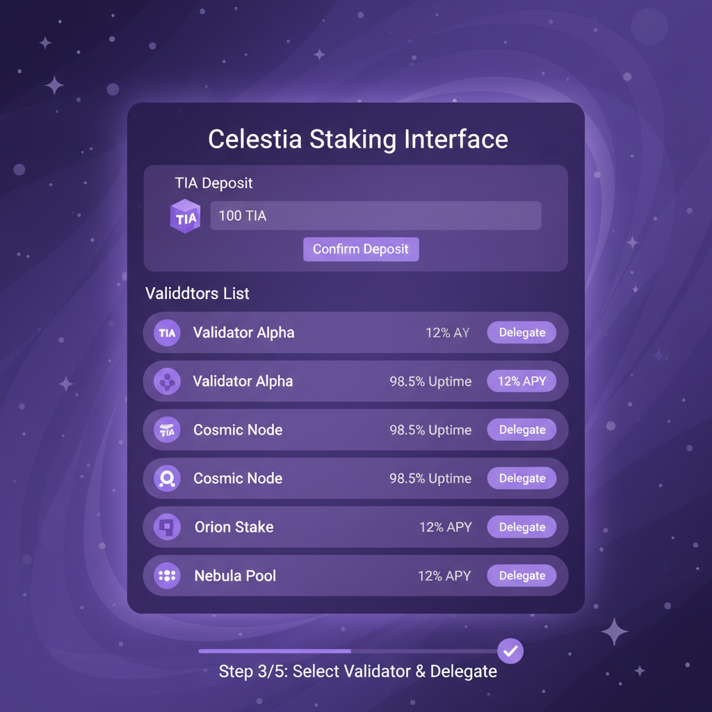 Celestia staking interface TIA deposit validators list purple cosmic theme