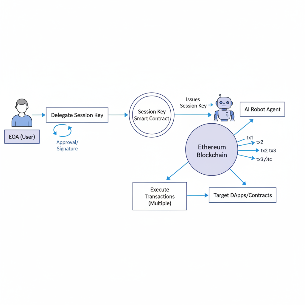 Ethereum transaction flow diagram with EOA delegating session key to AI robot agent, arrows and nodes, tech schematic