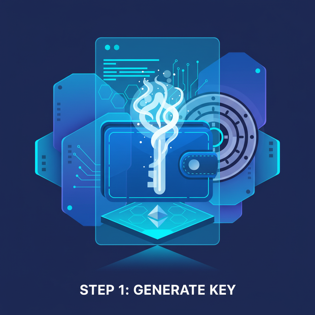 Glowing ethereal key icon emerging from Ethereum wallet interface, futuristic blue tones, secure vault background