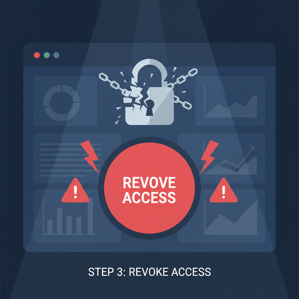 Revocation button on smart wallet dashboard, red alert icons, secure lock breaking chain, dramatic lighting