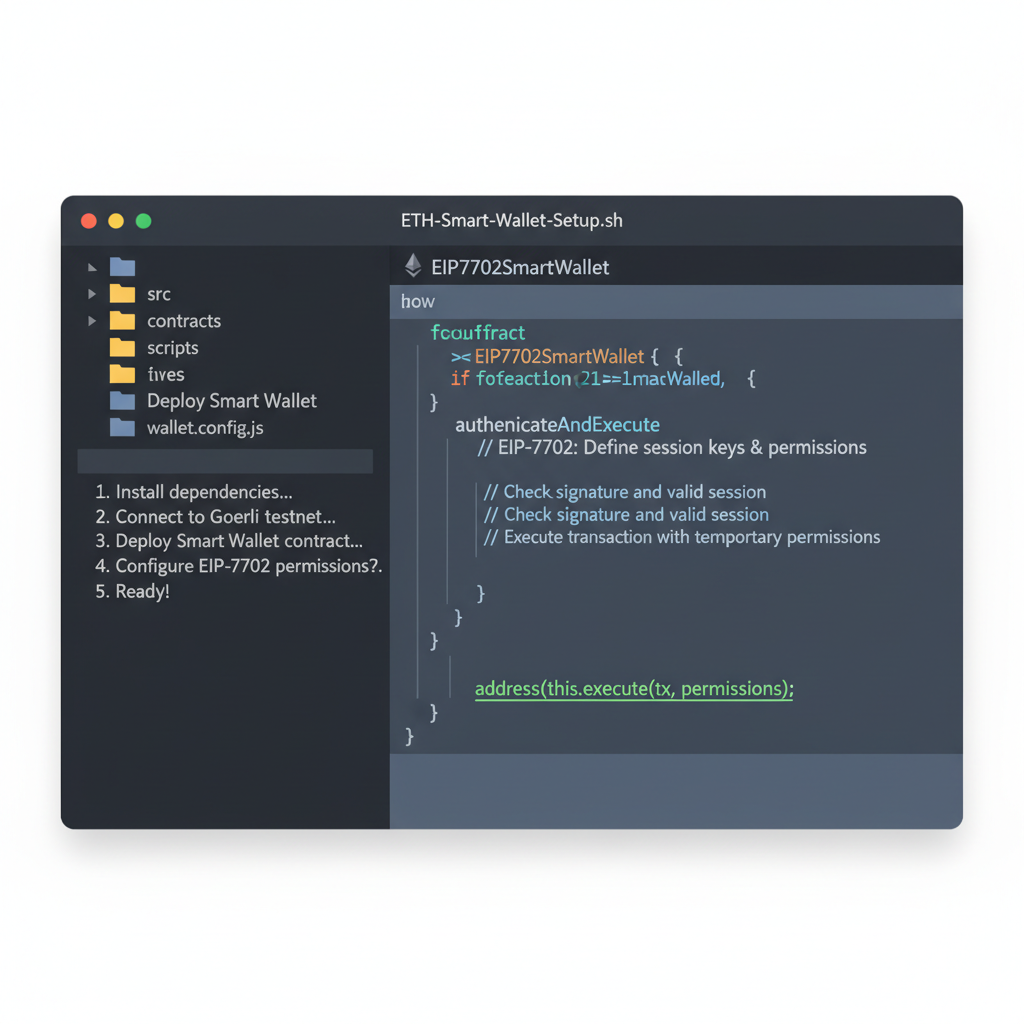 Developer terminal screen showing Ethereum smart wallet setup with EIP-7702 code, dark mode, clean UI