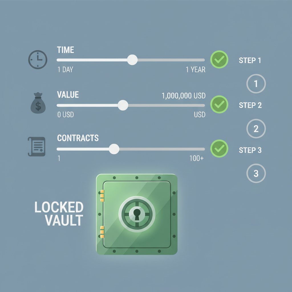Permission scope UI sliders for time, value, contracts, locked vault aesthetic, green secure checkmarks