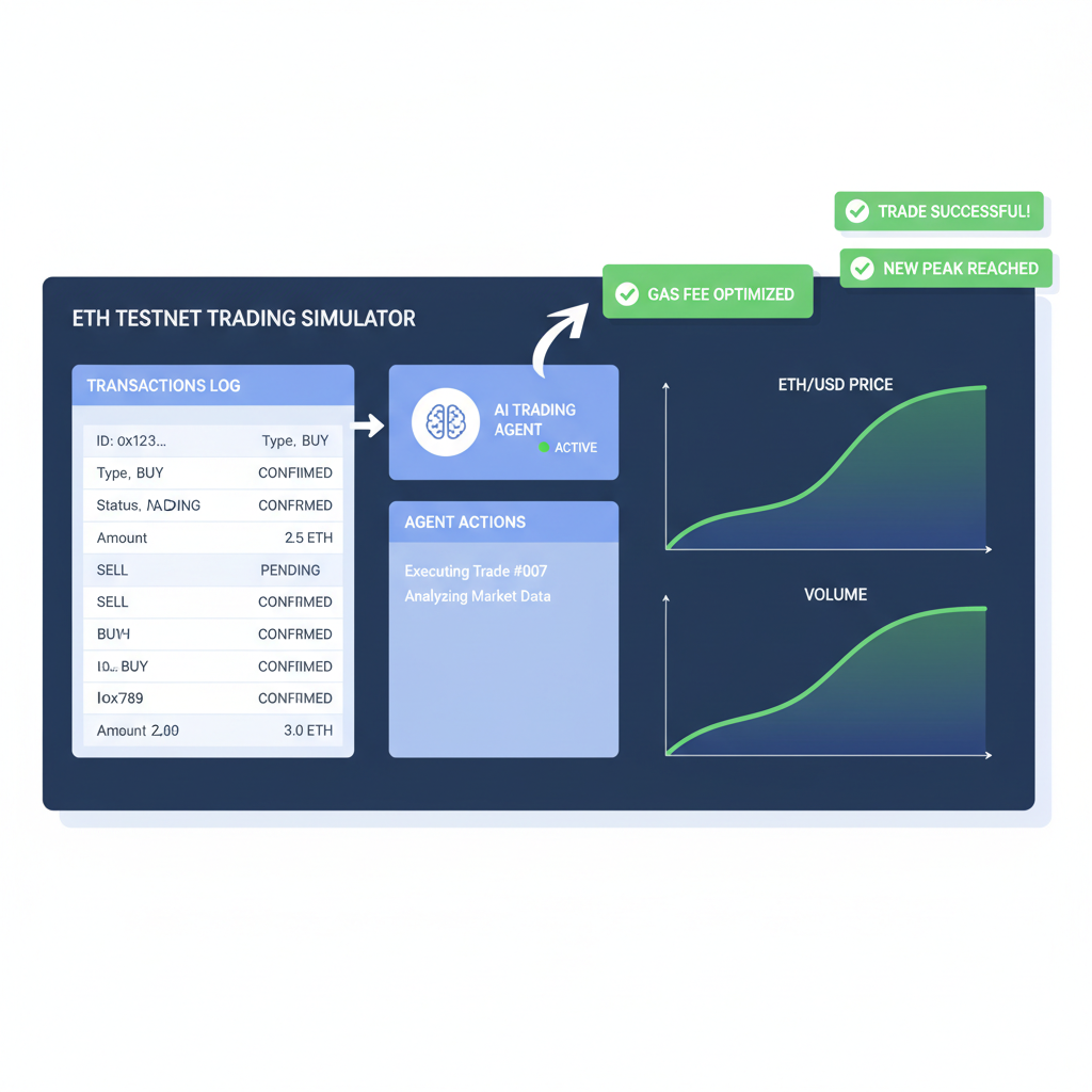 Testing dashboard with Ethereum testnet transactions, AI agent executing trades, graphs and success alerts