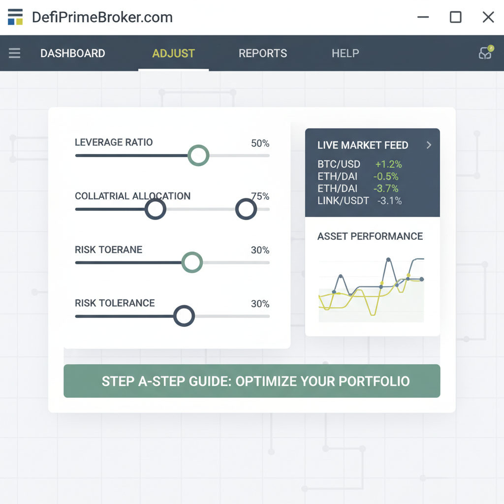 Screenshot of DeFiPrimeBroker.com adjustment interface, dynamic sliders for controls, live market feed integration, responsive web design