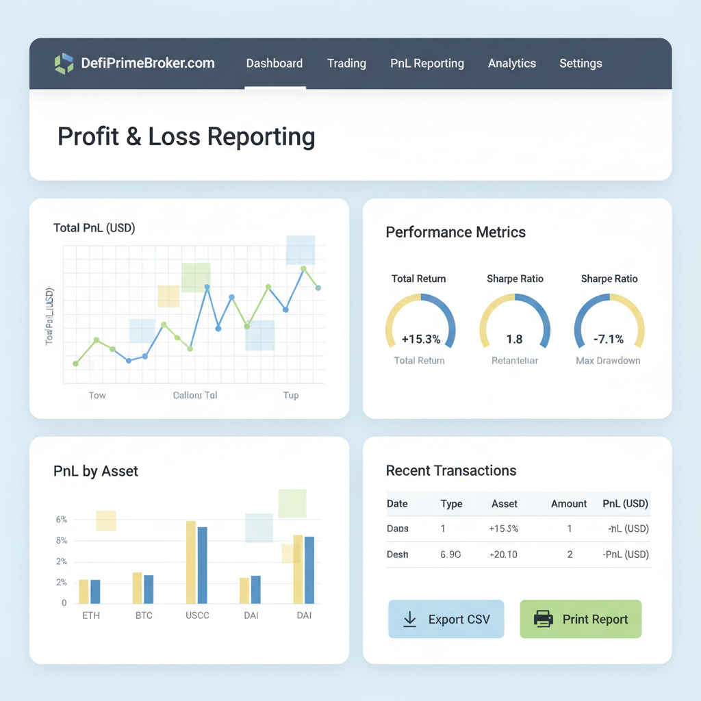DeFiPrimeBroker.com PnL reporting page screenshot, detailed charts and export buttons, transparent on-chain data visualization
