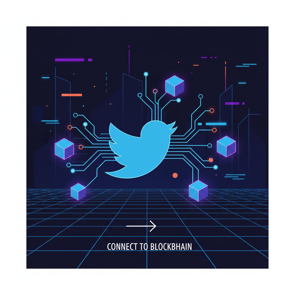 twitter bird icon connecting to blockchain network, glowing links, cyberpunk style