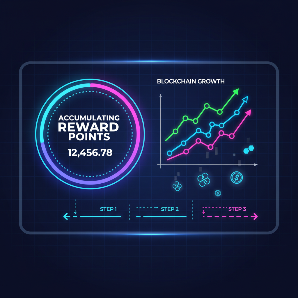 dashboard showing accumulating reward points, blockchain graphs rising, neon glow