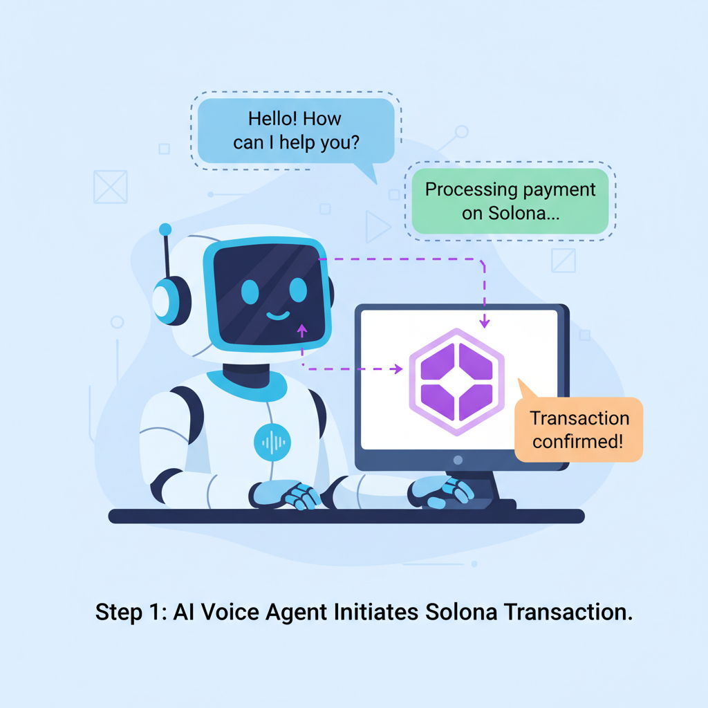 AI voice agent robot in virtual call, speech bubbles, Solana blockchain integration