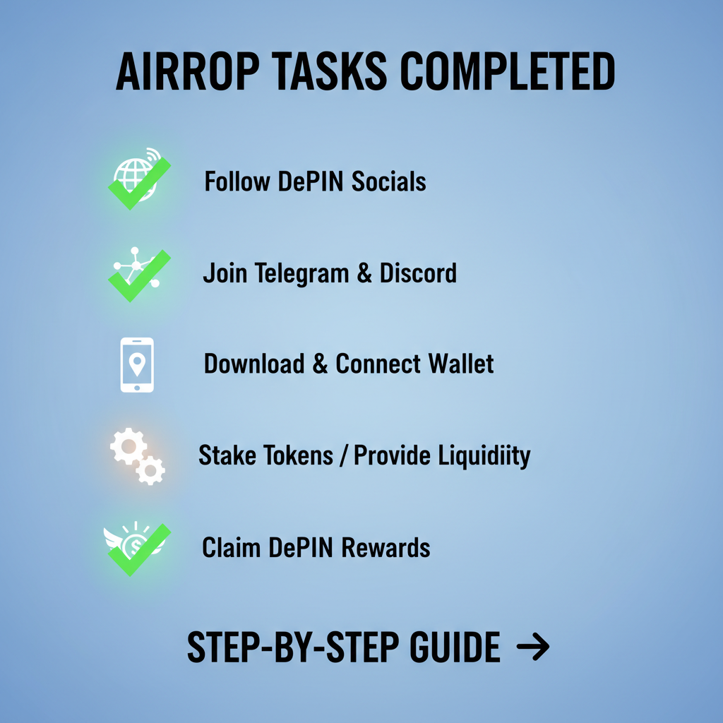 Checklist of airdrop tasks completed, checkmarks glowing, DePIN rewards icons