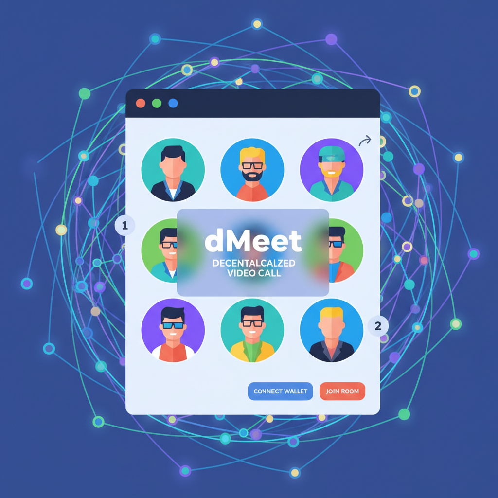 Group video call in dMeet interface, decentralized nodes background, vibrant avatars
