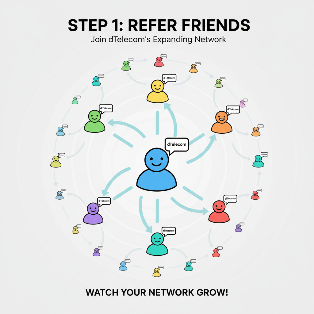 Referral network expanding, friends joining dTelecom, viral growth visualization