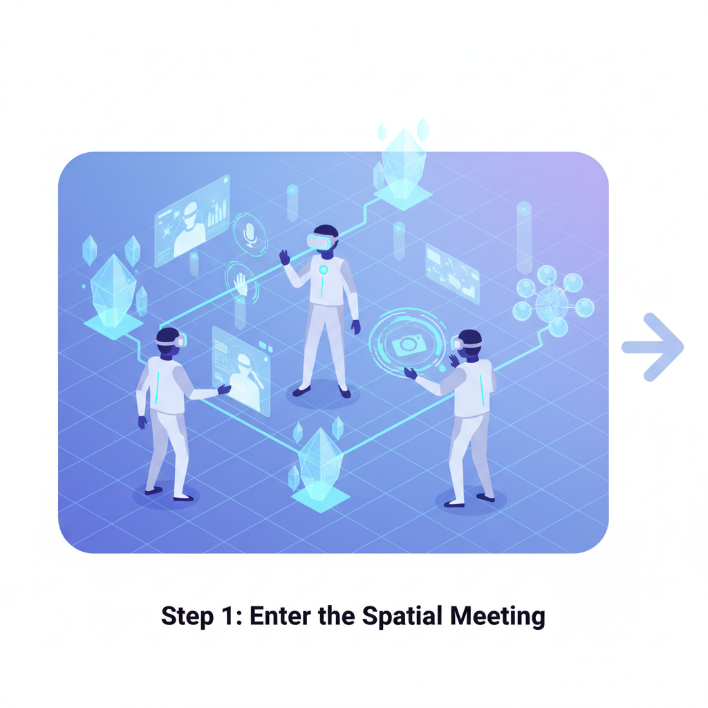Users in 3D spatial meeting room, holographic telecom nodes, futuristic VR