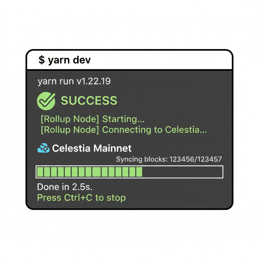 terminal showing successful yarn dev startup with rollup node syncing to Celestia