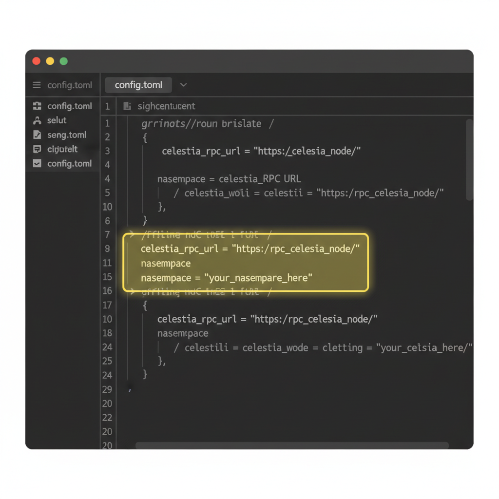 code editor open to config file with Celestia RPC URL and namespace settings highlighted