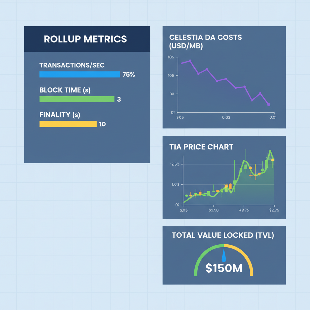 dashboard monitoring rollup metrics with Celestia DA costs and TIA price chart