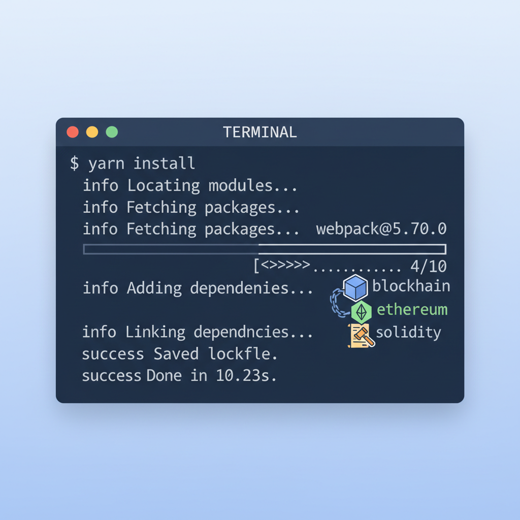 terminal window running yarn install command with blockchain dependency icons