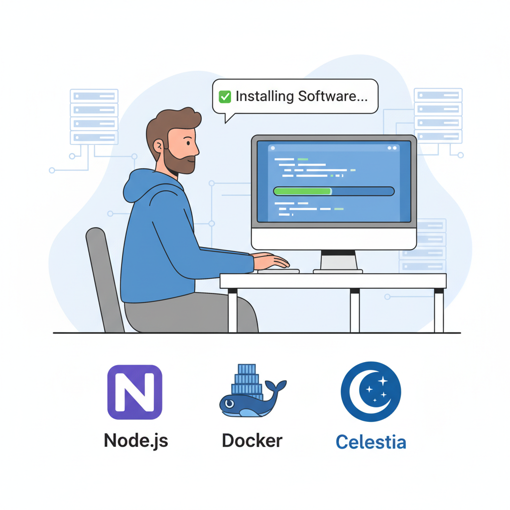 developer at desk installing software with Node.js Docker icons and Celestia logo