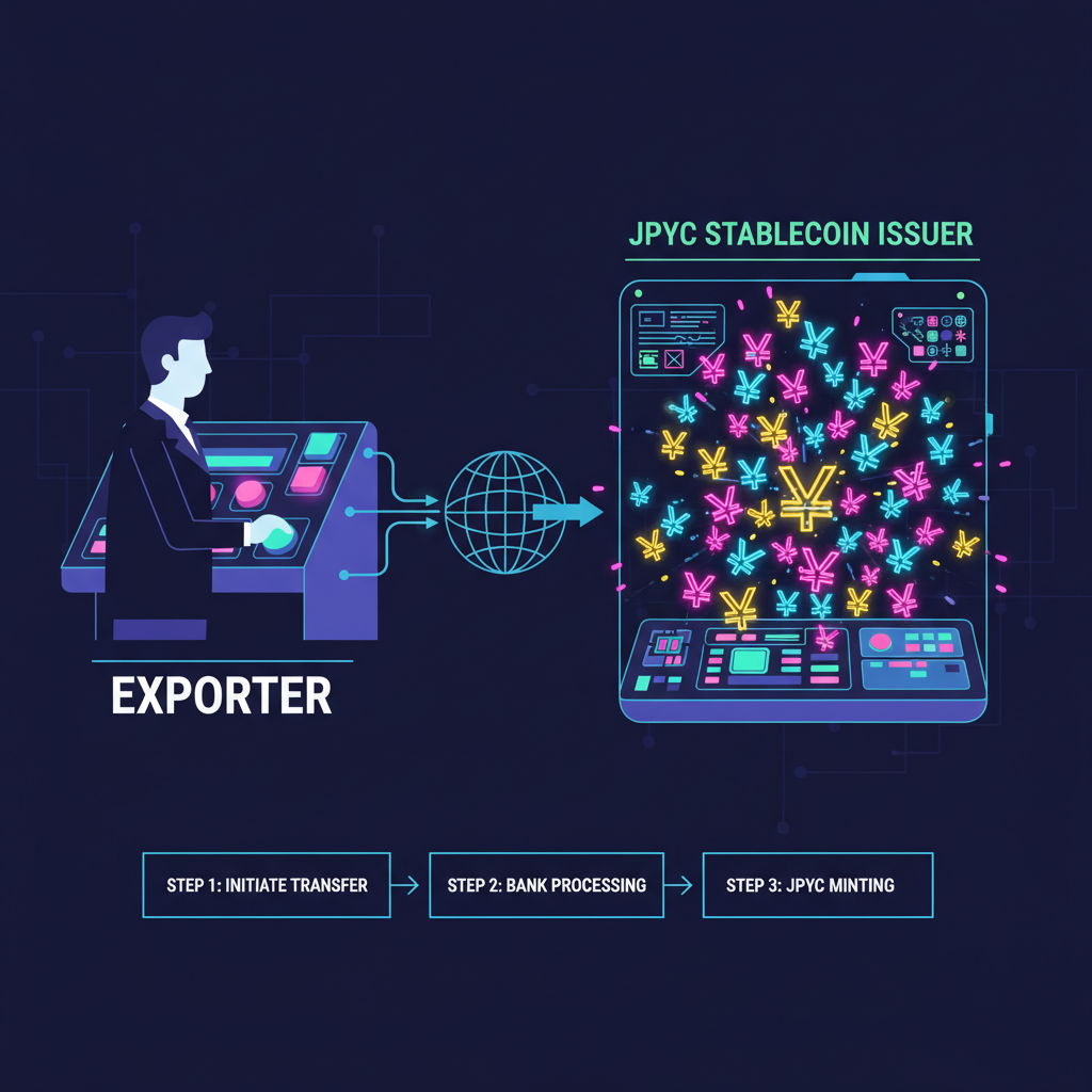 Dynamic exporter wiring bank transfer to futuristic JPYC stablecoin issuer dashboard, neon yen symbols exploding