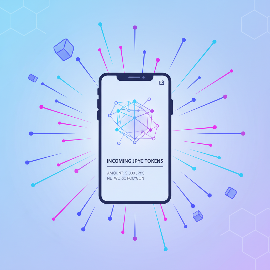 Wallet screen glowing with incoming JPYC tokens on Polygon network, vibrant blockchain energy bursts
