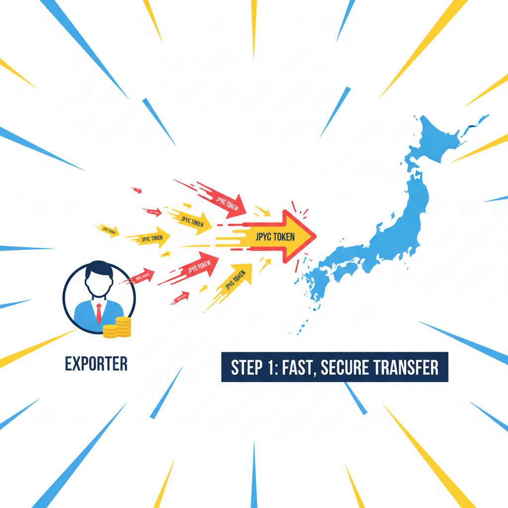 Explosive cross-border payment arrows flying JPYC tokens between exporter and Japan map, high-energy graphics