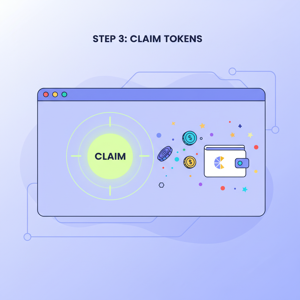 Claim button glowing green on crypto portal, tokens flowing into wallet, celebratory particles, modern design