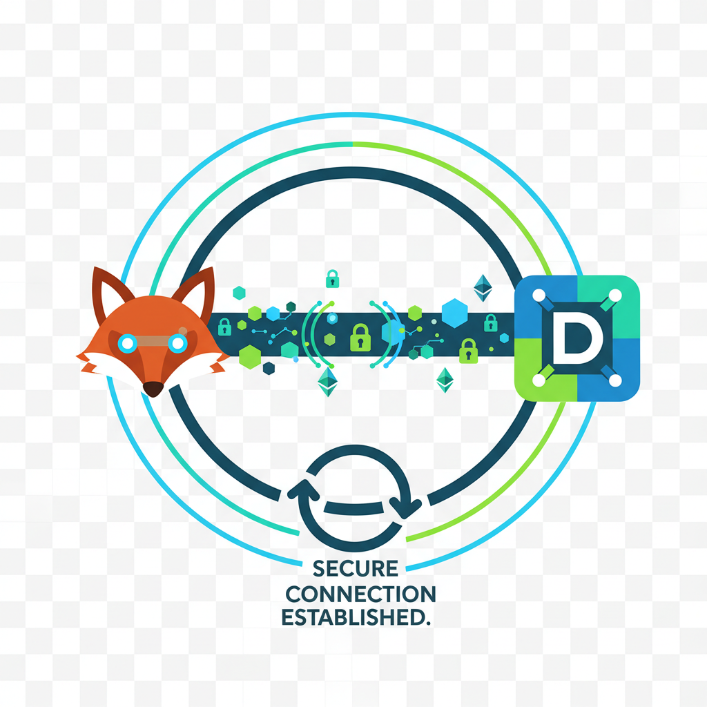 MetaMask wallet connecting to dApp, Ethereum icons, secure connection animation, vibrant blues and greens