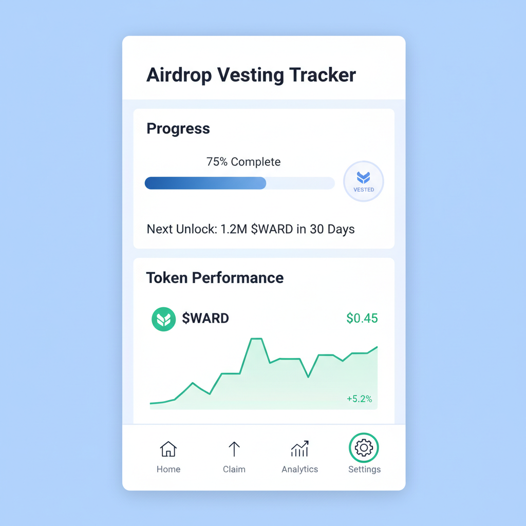 Mobile app dashboard tracking airdrop vesting, progress bar filling up, price chart with $WARD token