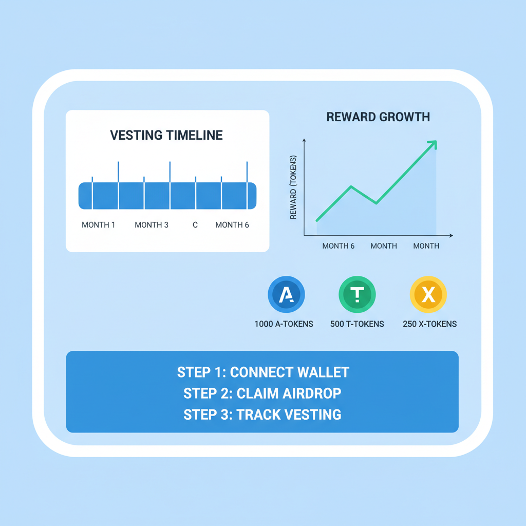 Airdrop allocation dashboard with vesting timeline chart, growing reward graph peaking at month 6, token icons