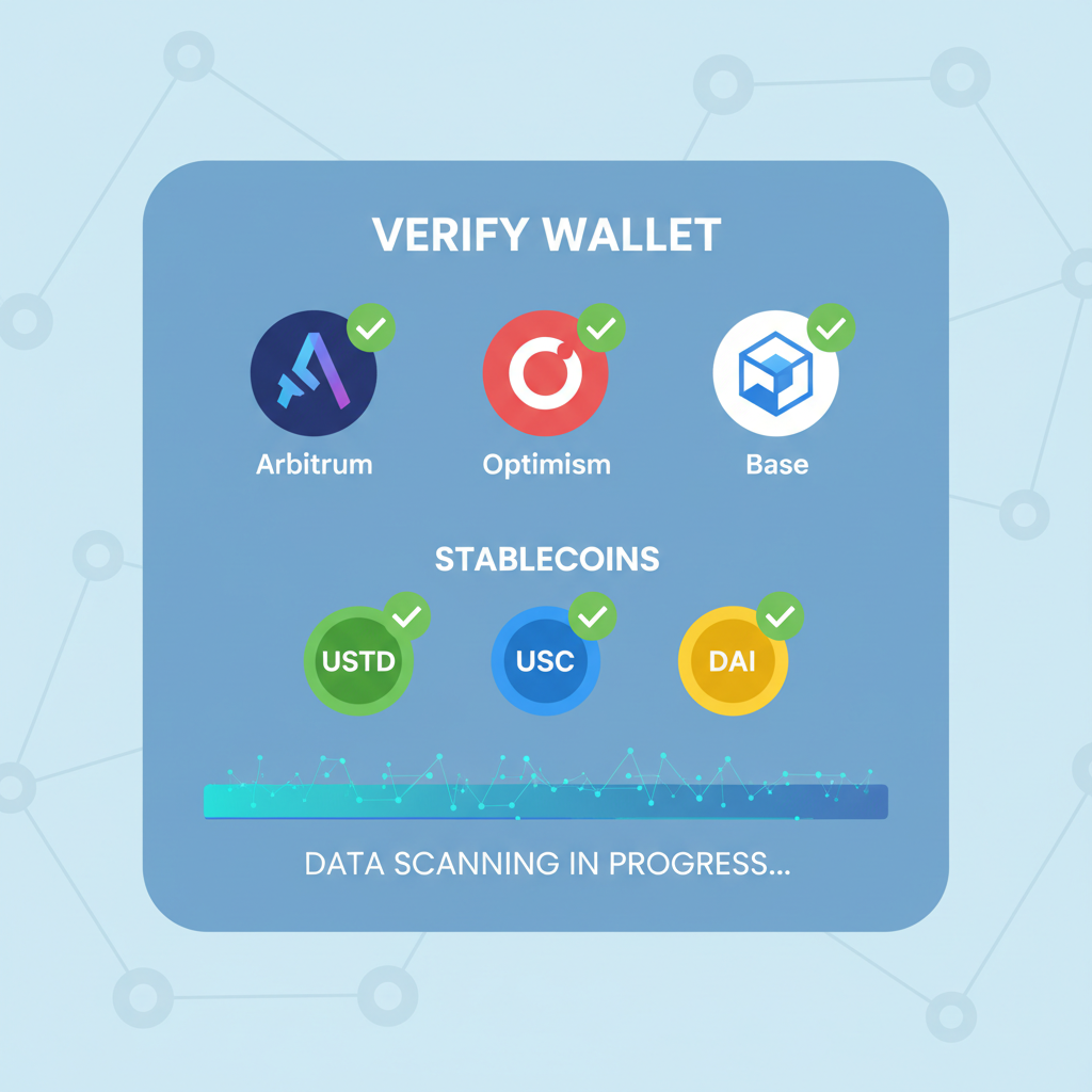 Wallet verification screen showing L2 chains Arbitrum Optimism Base, checkmarks on stablecoins, data scanning visualization