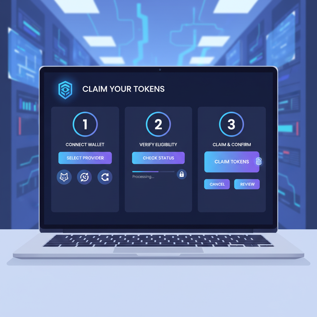sleek crypto claim portal interface on laptop screen, futuristic UI with Warden logo, glowing buttons, dark mode
