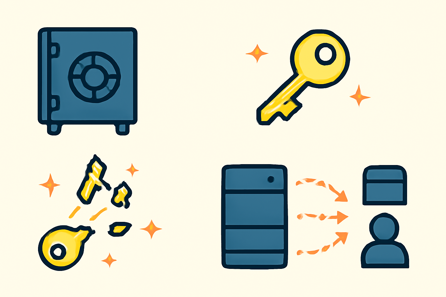 A secure vault generating a key, which is then split into glowing fragments sent to various secure servers or individuals.